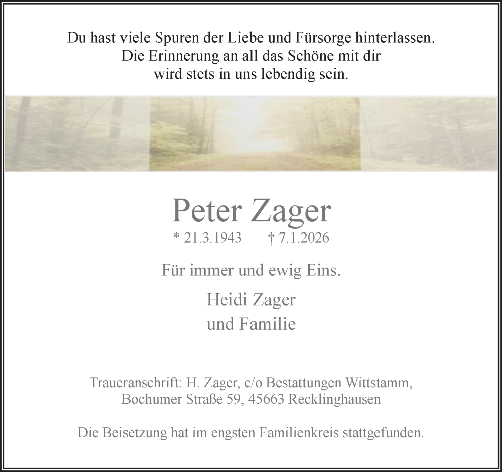  Traueranzeige für Peter Zager vom 17.01.2026 aus Trauer Vest