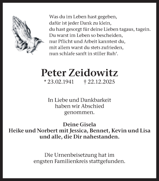 Traueranzeige von Peter Zeidowitz von Ruhr Nachrichten und Dorstener Zeitung