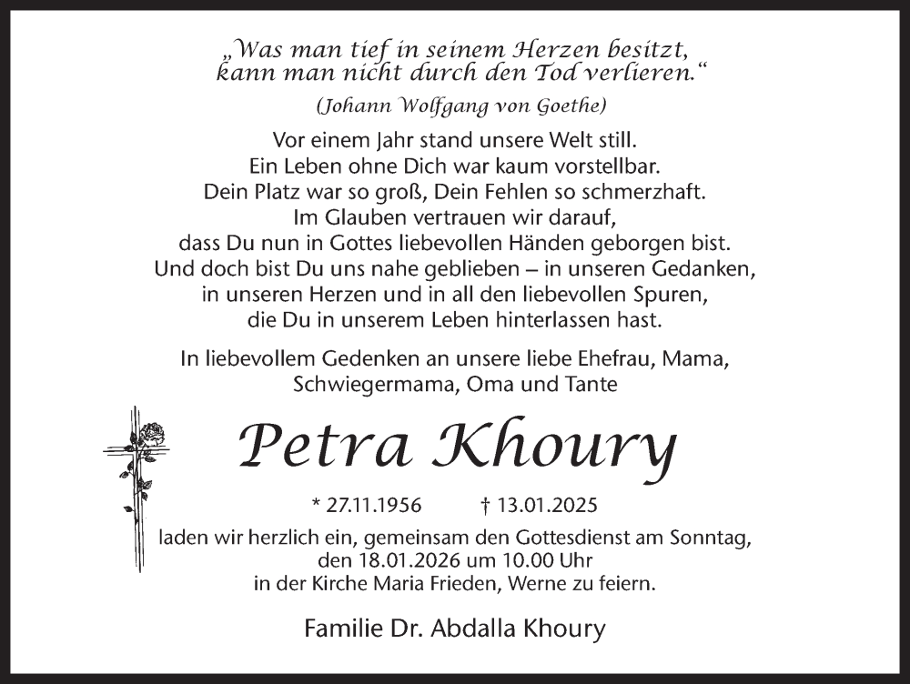  Traueranzeige für Petra Khoury vom 10.01.2026 aus Ruhr Nachrichten
