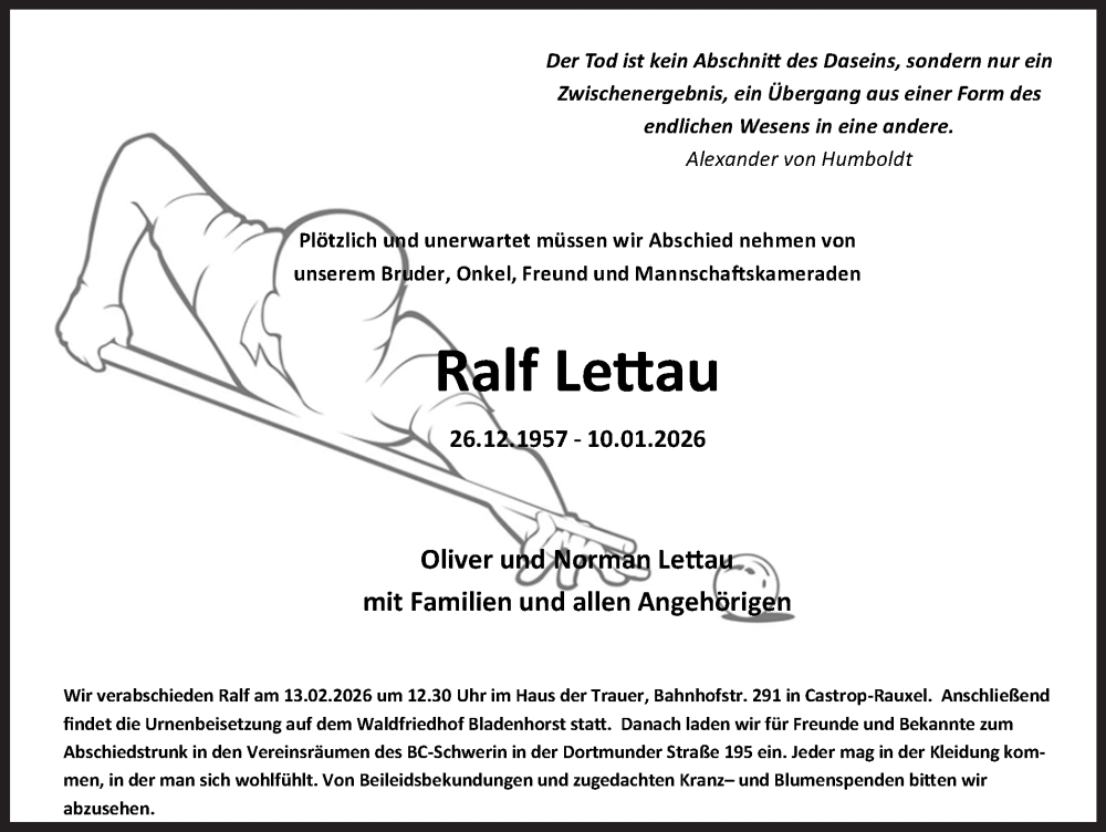  Traueranzeige für Ralf Lettau vom 31.01.2026 aus Stadtanzeiger Castrop-Rauxel