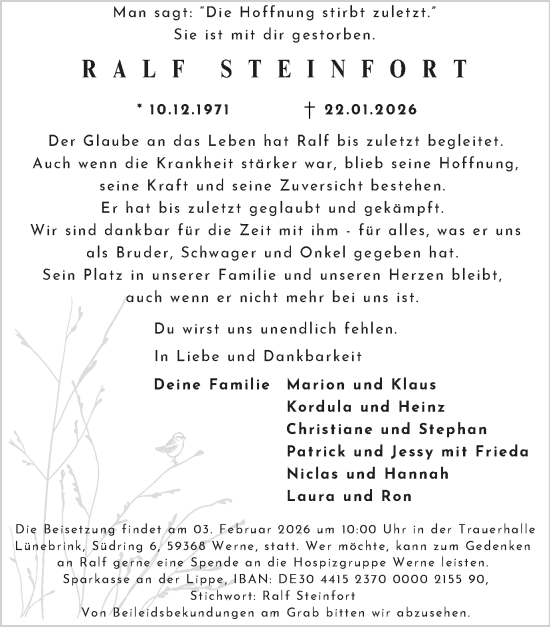 Traueranzeige von Ralf Steinfort von Ruhr Nachrichten