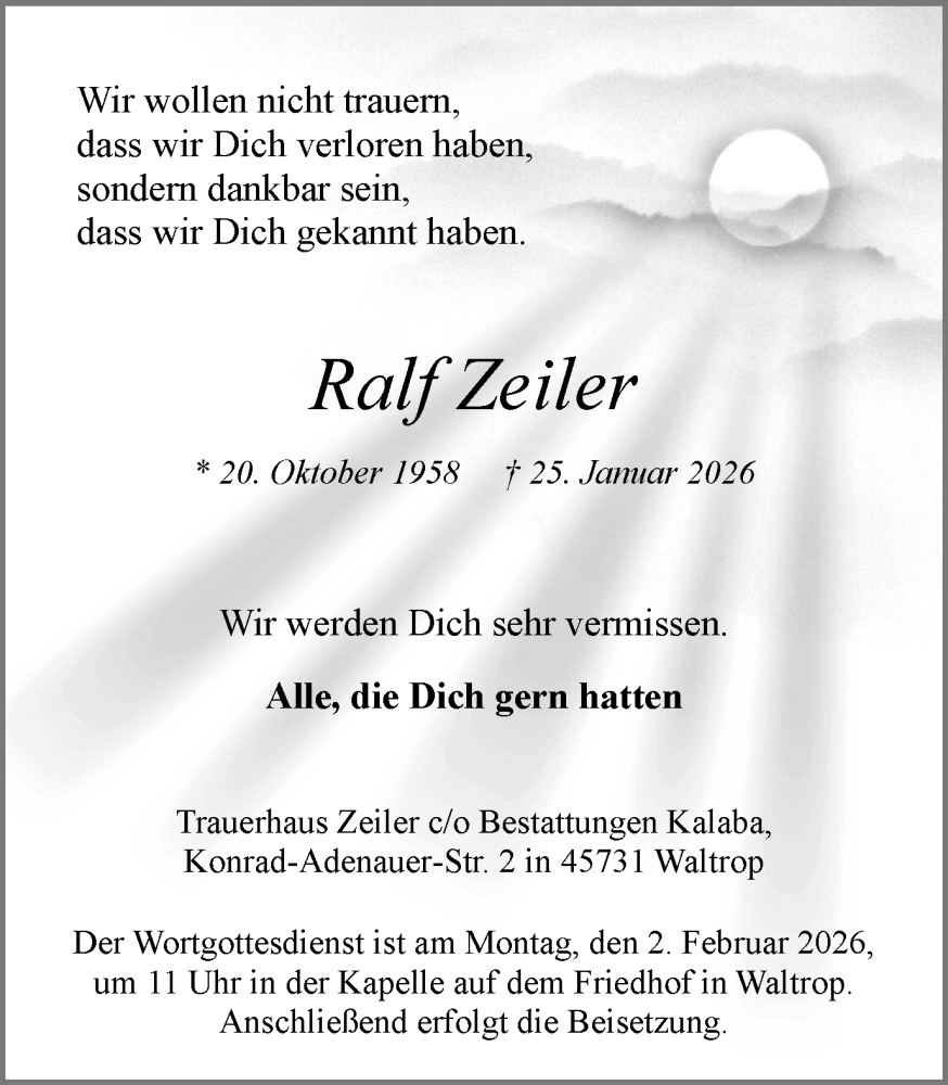  Traueranzeige für Ralf Zeiler vom 31.01.2026 aus Trauer Vest