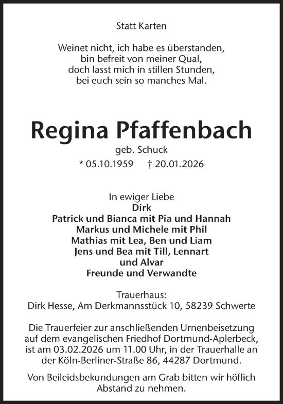 Traueranzeige von Regina Pfaffenbach von Ruhr Nachrichten
