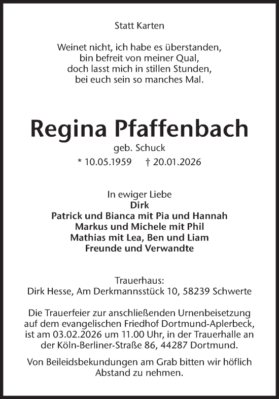 Traueranzeige von Regina Pfaffenbach von Ruhr Nachrichten