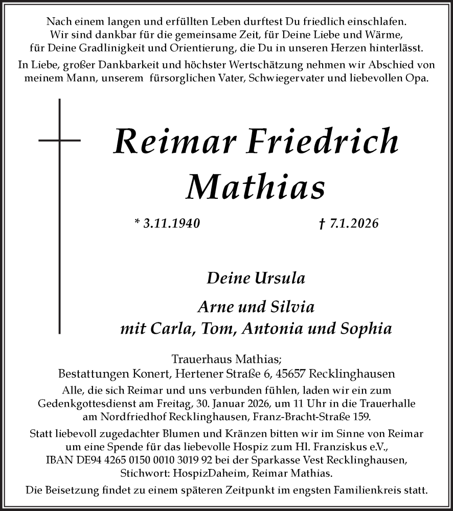  Traueranzeige für Reimar Friedrich Mathias vom 17.01.2026 aus Trauer Vest