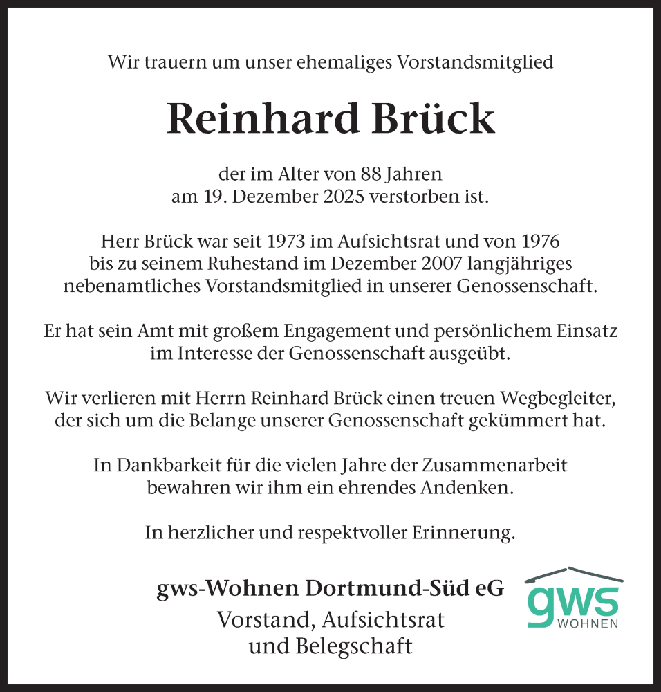  Traueranzeige für Reinhard Brück vom 10.01.2026 aus Ruhr Nachrichten