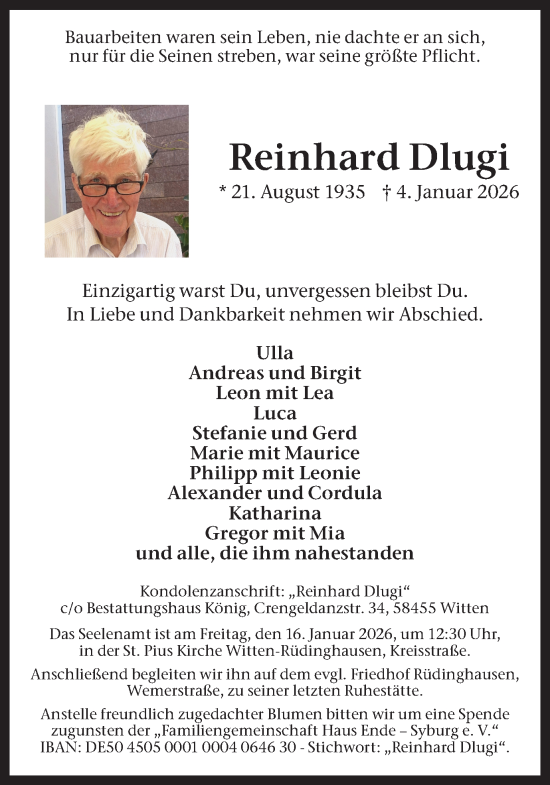 Traueranzeige von Reinhard Dlugi von Ruhr Nachrichten