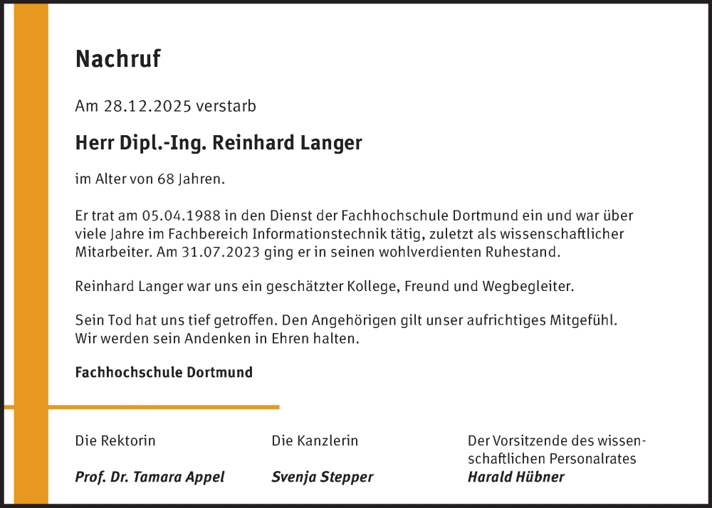  Traueranzeige für Reinhard Langer vom 17.01.2026 aus Ruhr Nachrichten