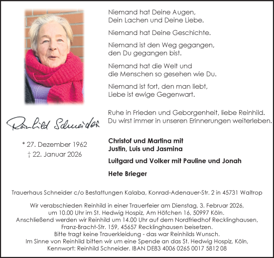 Traueranzeige von Reinhild Schneider von Trauer Vest