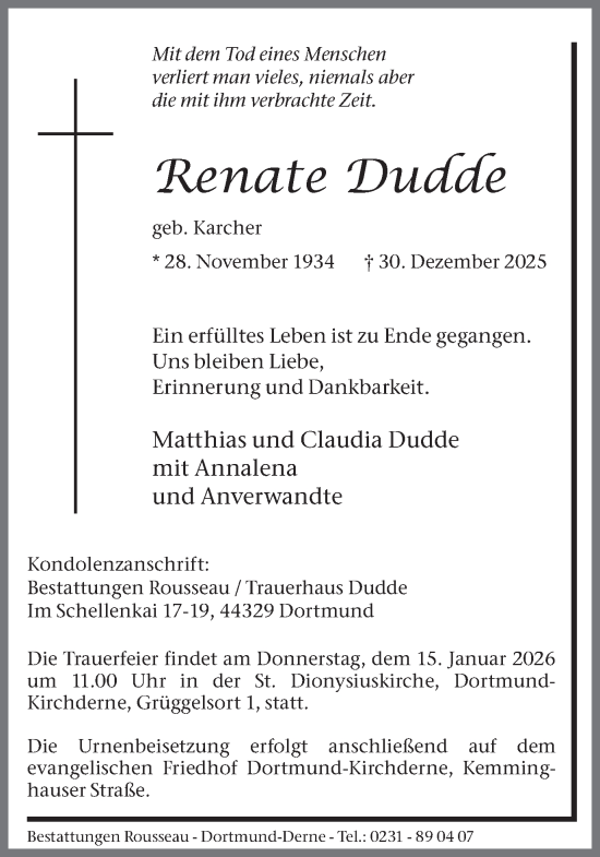 Traueranzeige von Renate Dudde von Ruhr Nachrichten