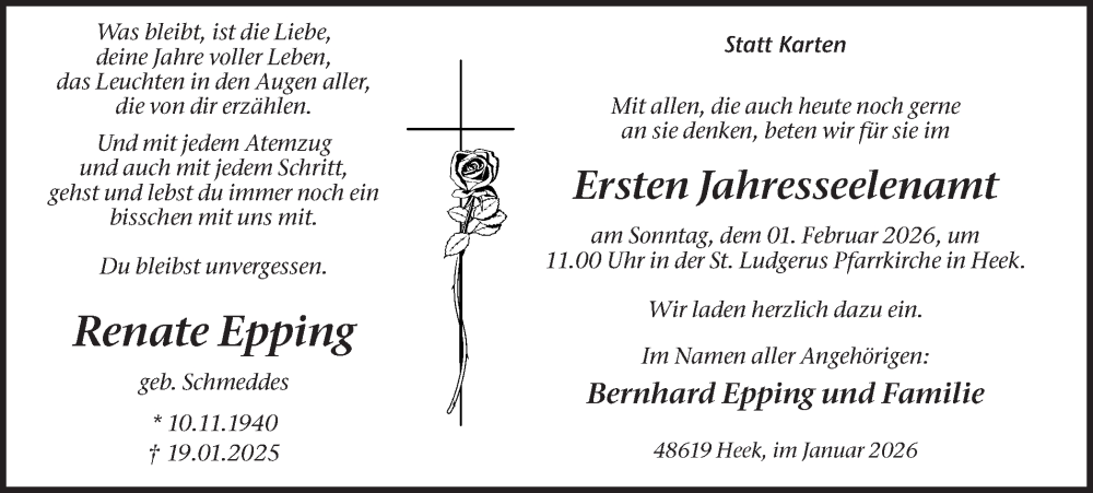  Traueranzeige für Renate Epping vom 28.01.2026 aus Münsterland Zeitung