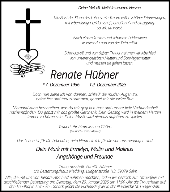 Traueranzeige von Renate Hübner von Ruhr Nachrichten