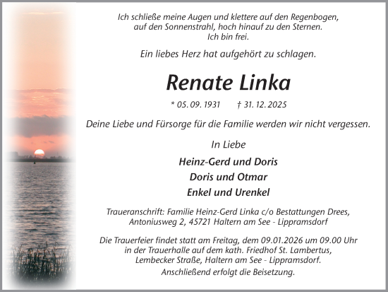 Traueranzeige von Renate Linka von Ruhr Nachrichten und Halterner Zeitung