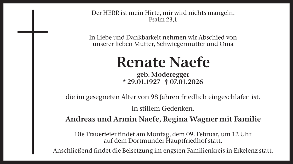  Traueranzeige für Renate Naefe vom 31.01.2026 aus Ruhr Nachrichten