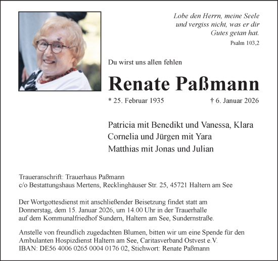Traueranzeige von Renate Paßmann von Ruhr Nachrichten und Halterner Zeitung