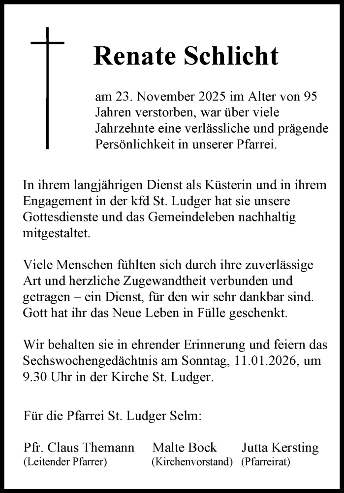  Traueranzeige für Renate Schlicht vom 08.01.2026 aus Ruhr Nachrichten
