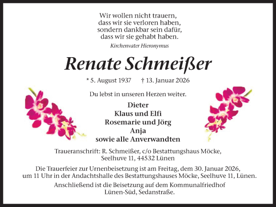 Traueranzeige von Renate Schmeißer von Lüner Anzeiger