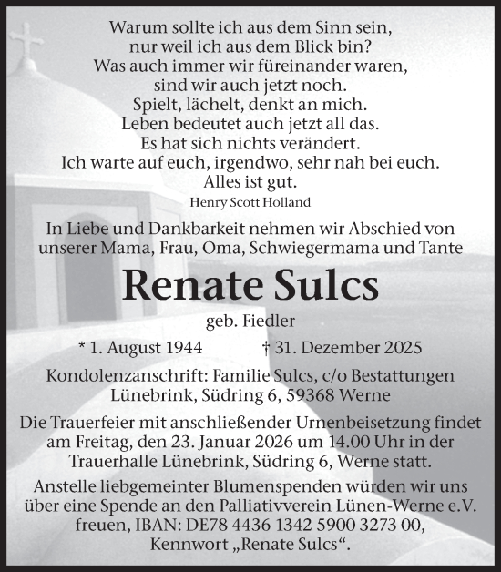 Traueranzeige von Renate Sulcs von Ruhr Nachrichten