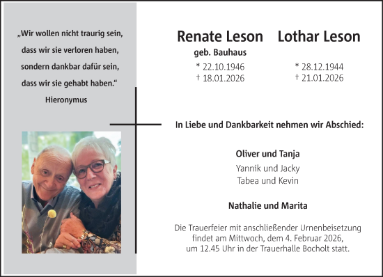 Traueranzeige von Renate und Lothar Leson 