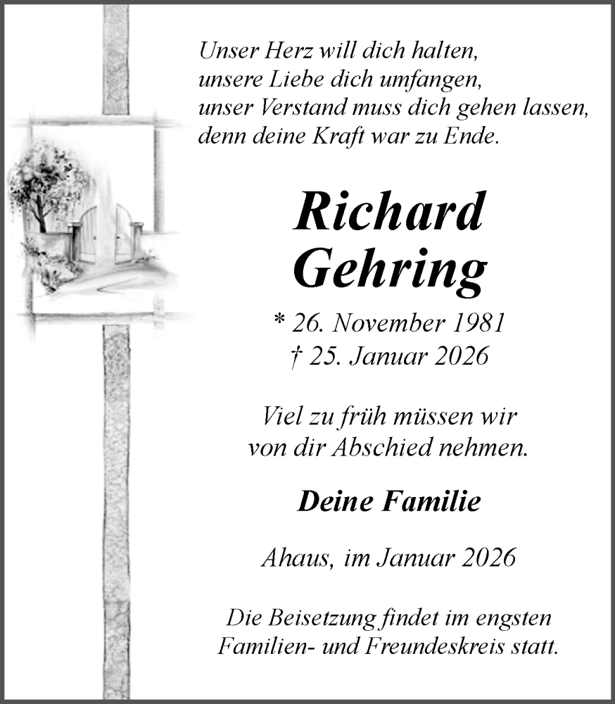  Traueranzeige für Richard Gehring vom 31.01.2026 aus Münsterland Zeitung