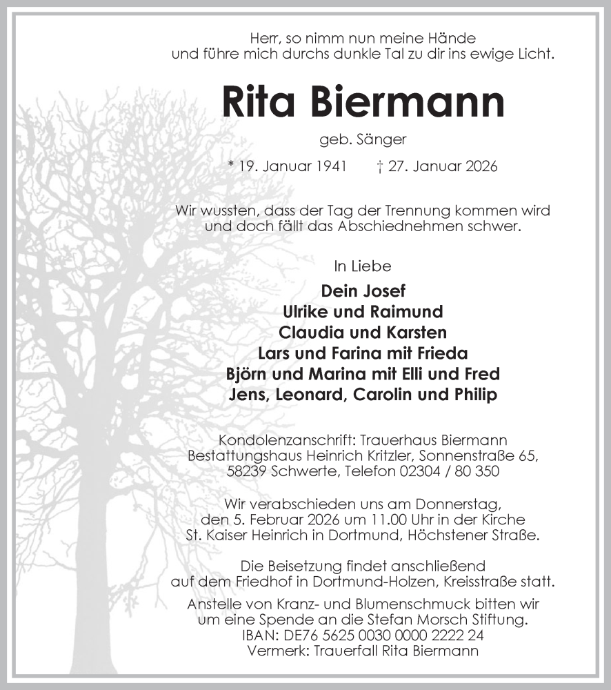  Traueranzeige für Rita Biermann vom 31.01.2026 aus Ruhr Nachrichten