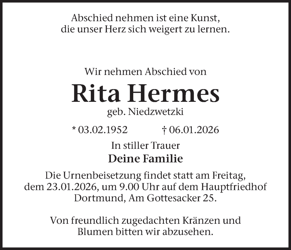  Traueranzeige für Rita Hermes vom 17.01.2026 aus Ruhr Nachrichten