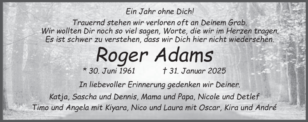  Traueranzeige für Roger Adams vom 31.01.2026 aus 