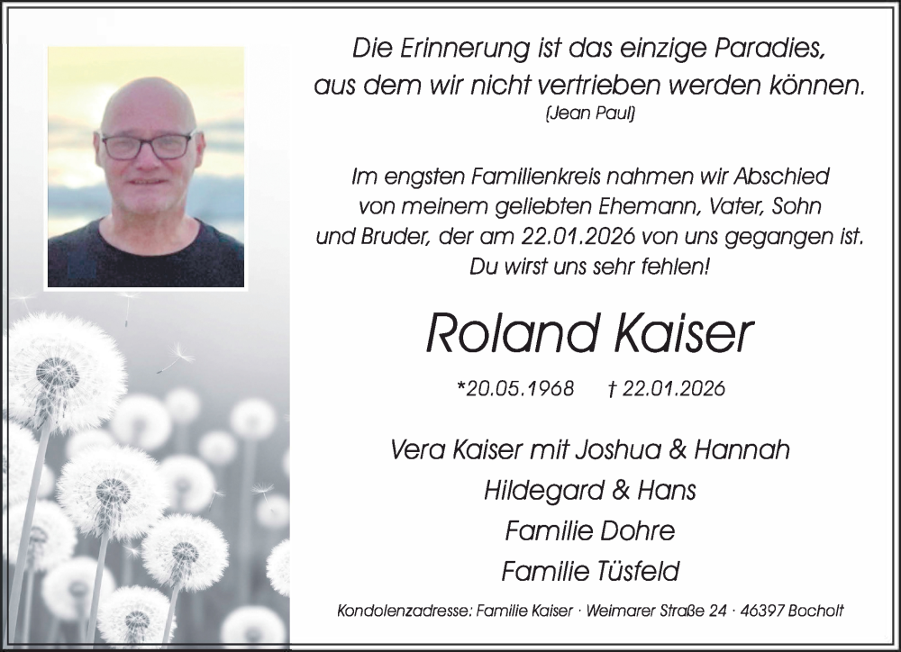  Traueranzeige für Roland Kaiser vom 31.01.2026 aus 