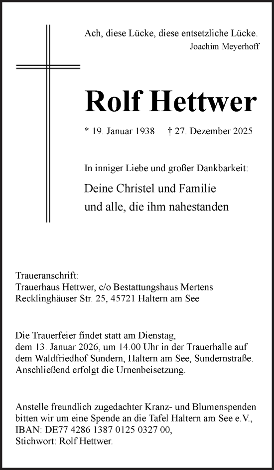 Traueranzeige von Rolf Hettwer von Ruhr Nachrichten und Halterner Zeitung