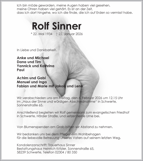 Traueranzeige von Rolf Sinner von Ruhr Nachrichten