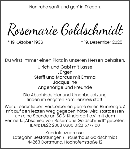 Traueranzeige von Rosemarie Goldschmidt von Ruhr Nachrichten
