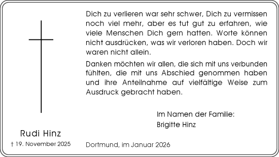 Traueranzeige von Rudi Hinz von Ruhr Nachrichten