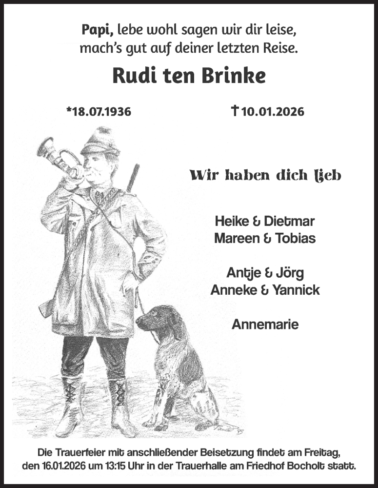  Traueranzeige für Rudi ten Brinke vom 15.01.2026 aus 