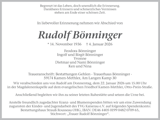 Traueranzeige von Rudolf Bönninger von Hellweger Anzeiger