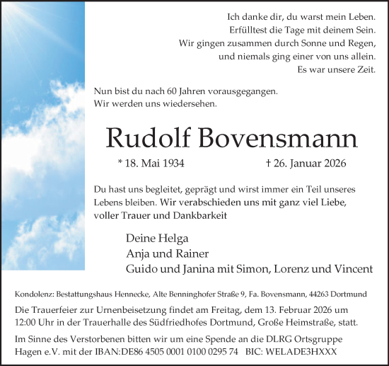 Traueranzeige von Rudolf Bovensmann von Ruhr Nachrichten