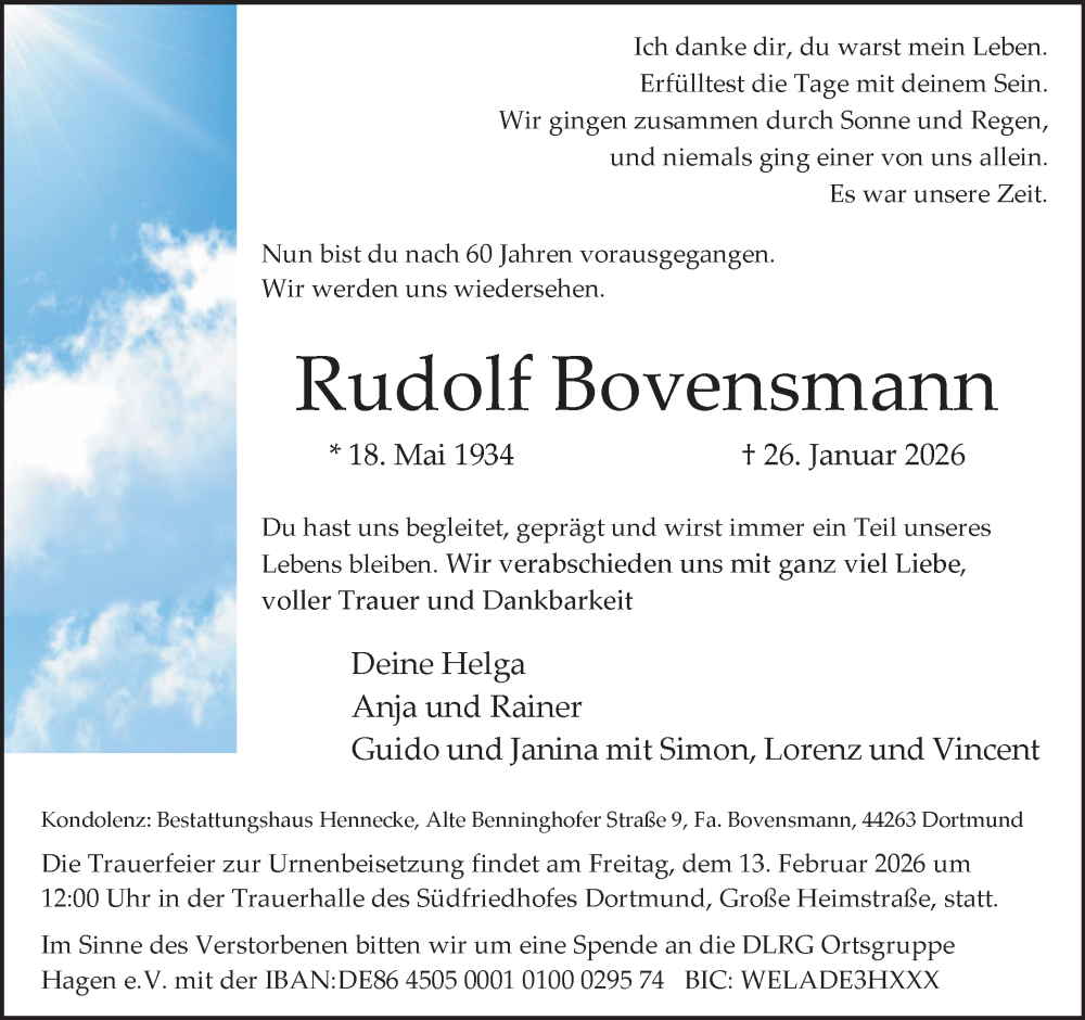  Traueranzeige für Rudolf Bovensmann vom 31.01.2026 aus Ruhr Nachrichten