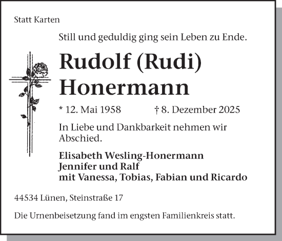 Traueranzeige von Rudolf Honermann von Lüner Anzeiger