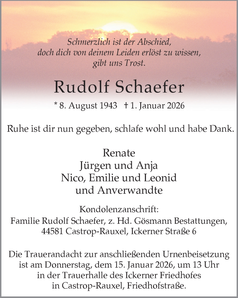  Traueranzeige für Rudolf Schaefer vom 10.01.2026 aus Stadtanzeiger Castrop-Rauxel