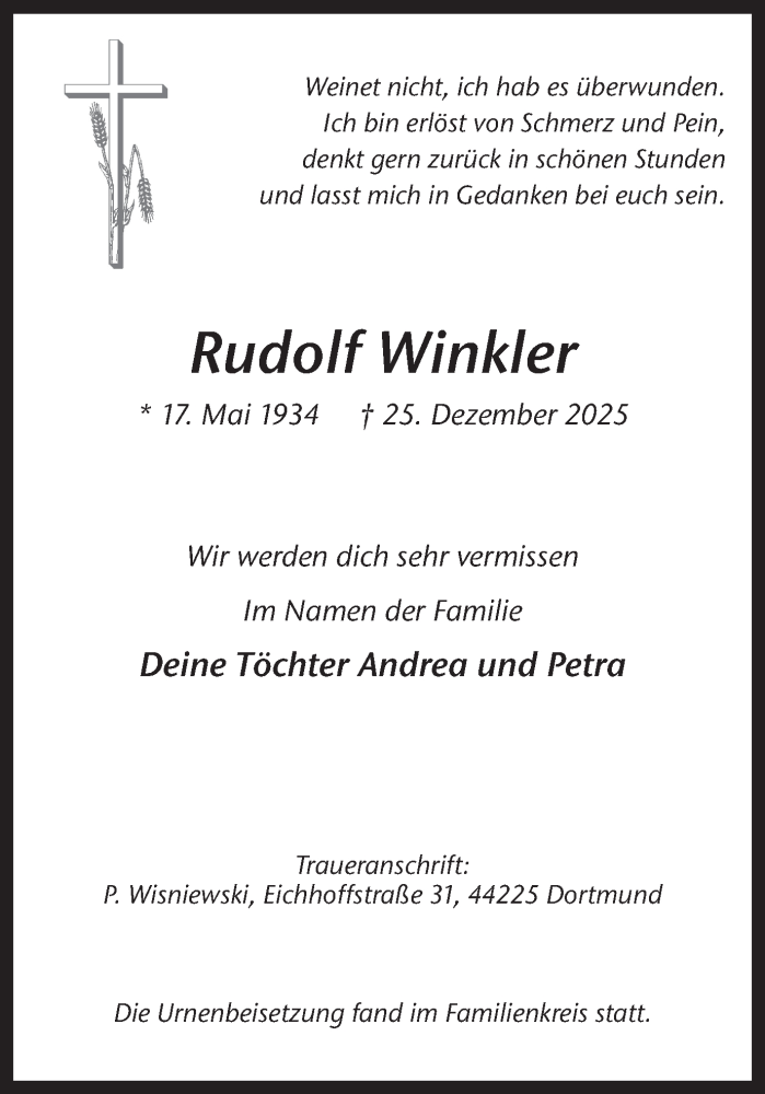  Traueranzeige für Rudolf Winkler vom 17.01.2026 aus Ruhr Nachrichten