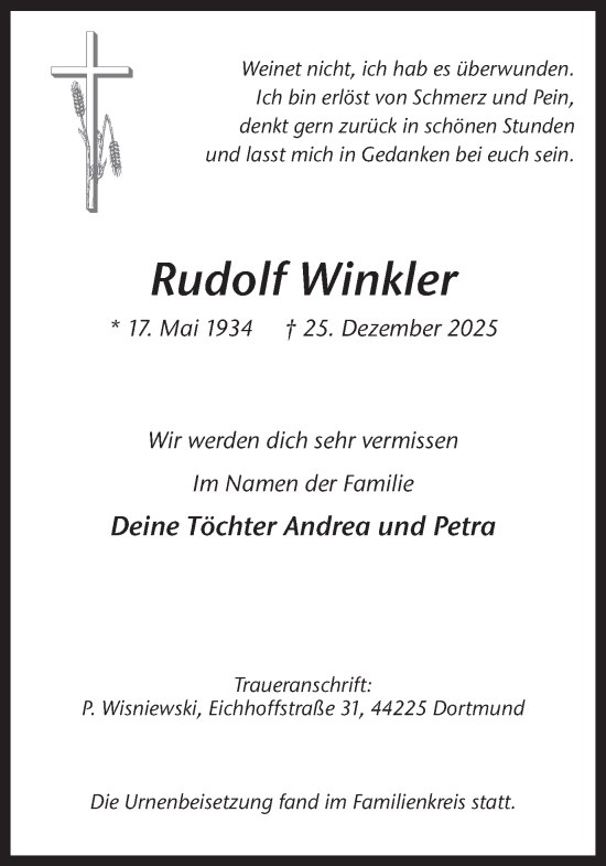Traueranzeige von Rudolf Winkler von Ruhr Nachrichten