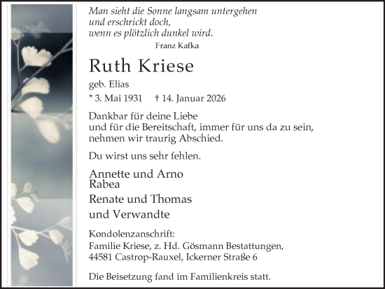 Traueranzeige von Ruth Kriese von Stadtanzeiger Castrop-Rauxel