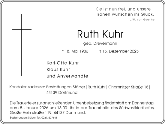 Traueranzeige von Ruth Kuhr von Ruhr Nachrichten
