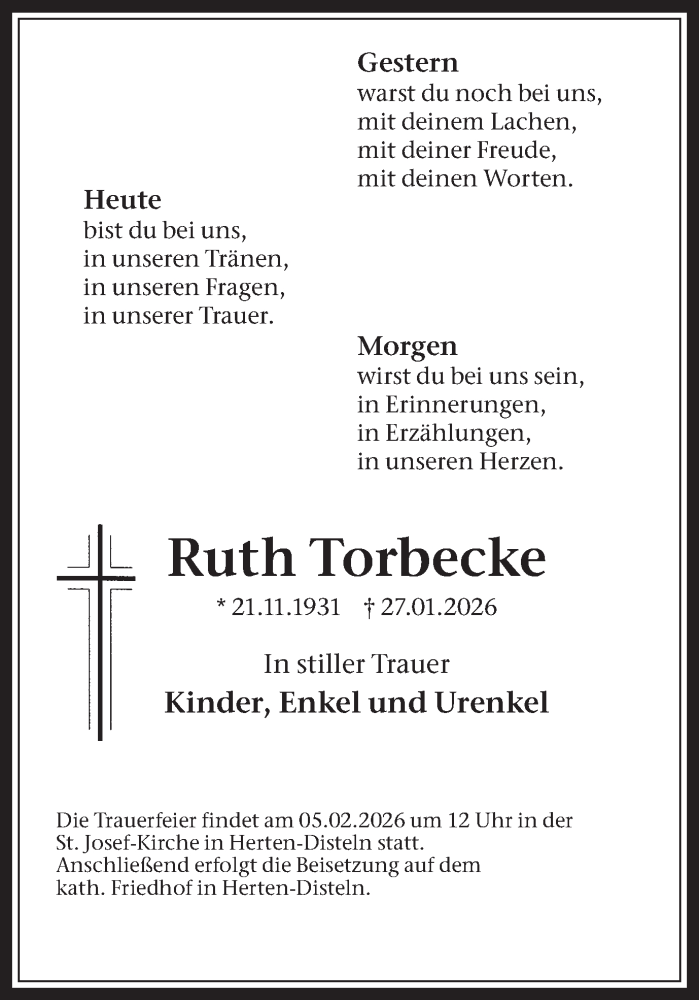  Traueranzeige für Ruth Torbecke vom 31.01.2026 aus Trauer Vest