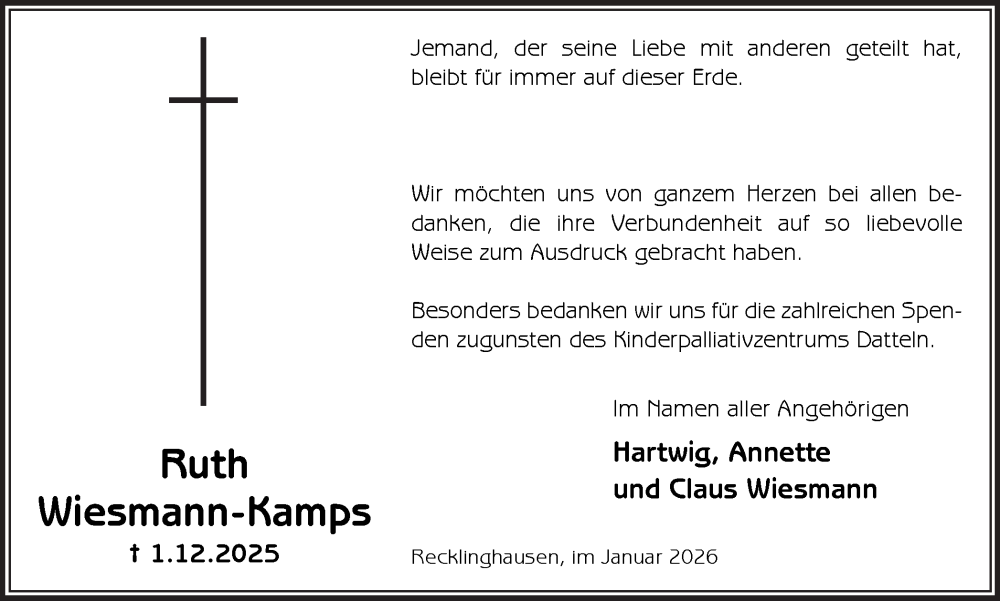  Traueranzeige für Ruth Wiesmann-Kamps vom 24.01.2026 aus Trauer Vest
