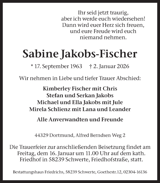 Traueranzeige von Sabine Jakobs-Fischer von Ruhr Nachrichten