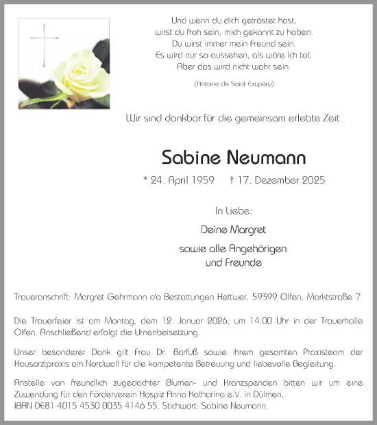 Traueranzeige von Sabine Neumann von Ruhr Nachrichten