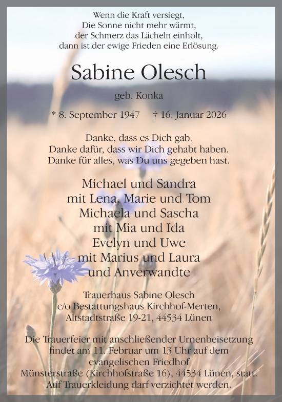Traueranzeige von Sabine Olesch von Lüner Anzeiger