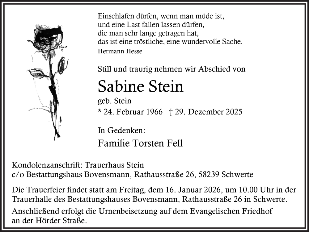 Traueranzeige für Sabine Stein vom 10.01.2026 aus Ruhr Nachrichten