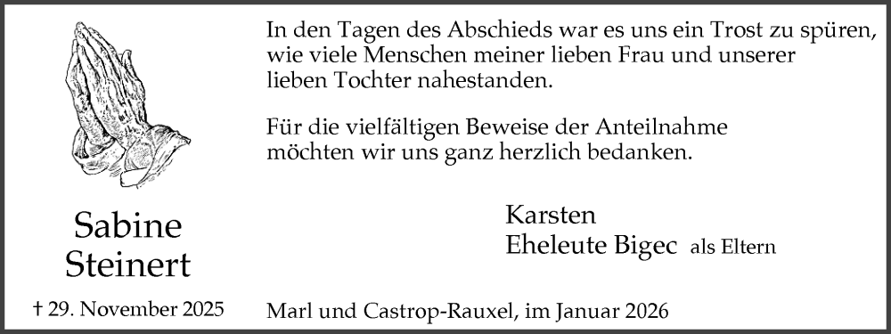  Traueranzeige für Sabine Steinert vom 24.01.2026 aus Stadtanzeiger Castrop-Rauxel