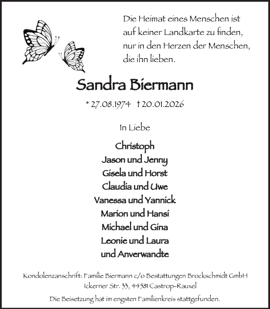 Traueranzeige von Sandra Biermann von Stadtanzeiger Castrop-Rauxel